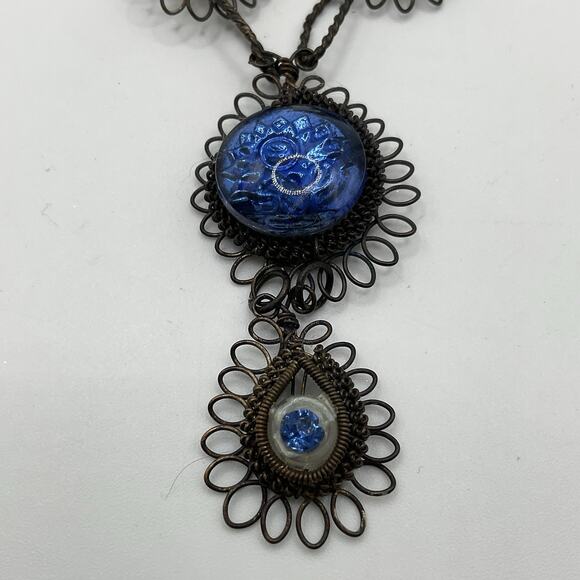 Vintage Wirework Necklace & Earrings Set Blue Glass Cabochons 17” w/ 2” Drop - Picture 6 of 12